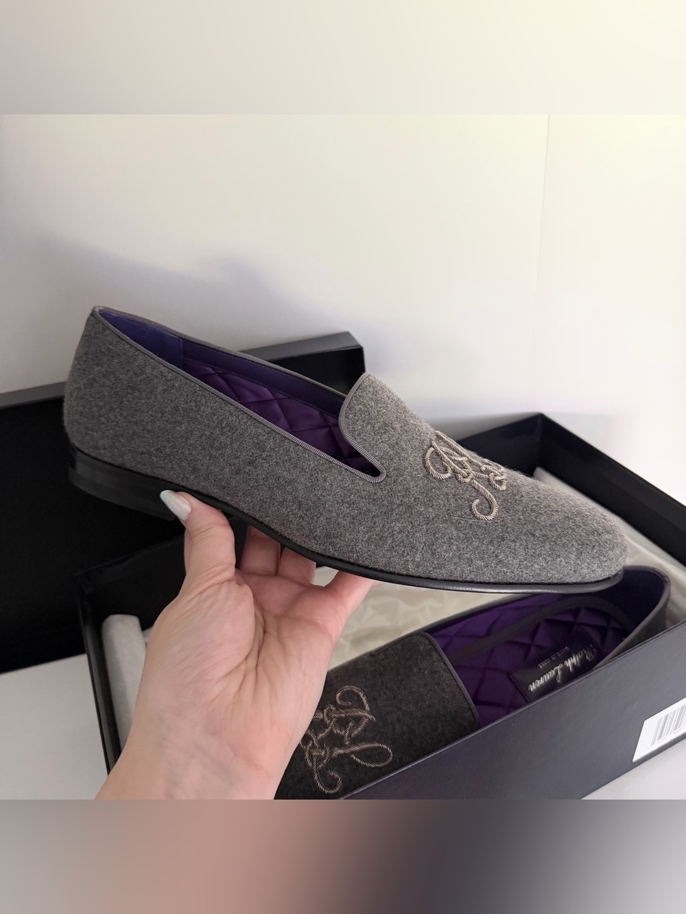 Ralph Lauren Purple Label Alonzo Plaid Wool Tweed Slipper in Grey NIB NWT - Picture 3 of 13